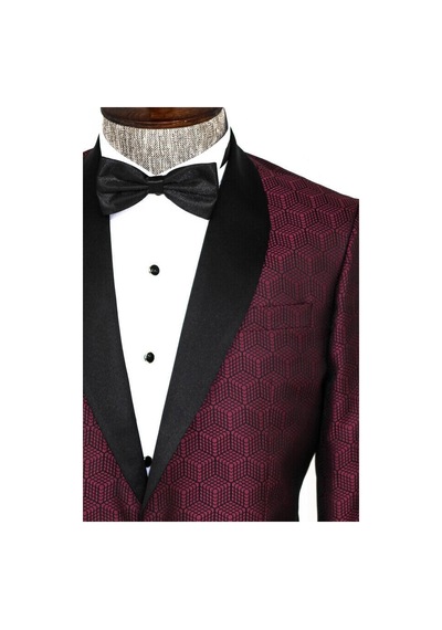 Wessi Beşgen Desenli Şal Yaka Bordo Erkek Smokin Ceket Bordo