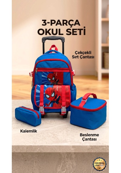 2 Kademeli Çekçekli Tekerlekli Karekter Desenli Erkek Mavi 3 Lü Set Takım İlkokul Sırt Çantası 40 27 17cm