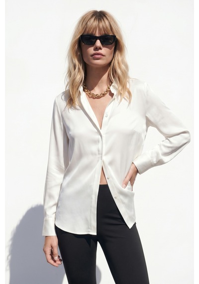 Sateen Gizli Patlı Gömlek - Ekru-137597