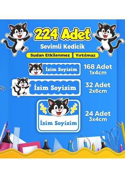 Sevimli Kedi Temalı Okul Kreş Kişiye Özel İsim Etiket Seti - Model 351 Çok Renkli