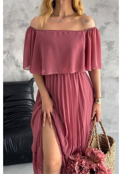 Dip Moda Kadın Astarlı Piliseli Şifon Elbise Dpk2099 Gülkurusu Dip Moda Kadın Astarlı Piliseli Şifon Elbise Dpk2099 Gülkurusu