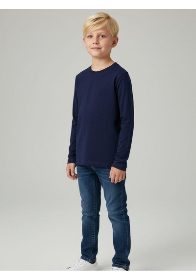 Zekids Erkek Çocuk Pamuklu Uzun Kol Basic T-shirt-16713 Lacivert