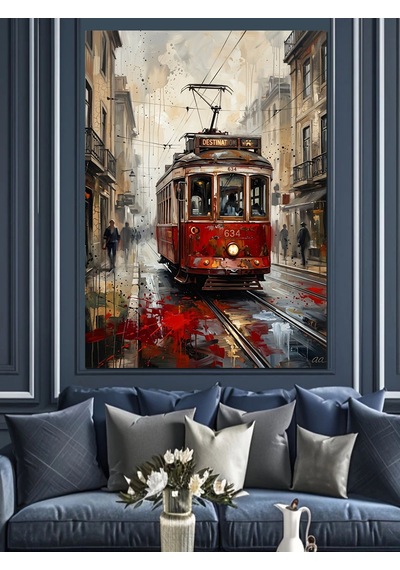 Yağmurlu İstanbul Sokağı Ve Tramvay Dekoratif Kanvas - Mdf Ahşap Tablo