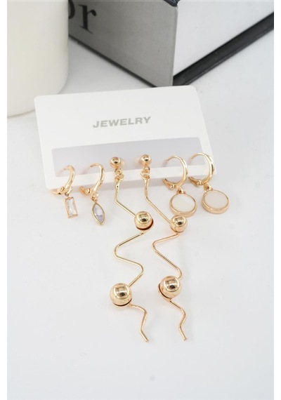 Kadın 6.5 Cm Zigzag Sallantılı Ve Oval Sedefli 6'lı Küpe Seti - Altın