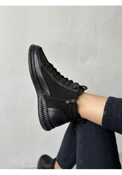 Beren Hakiki Deri Siyah Kadın Bot Süet Garnili Bağcıklı Ortopedik Comfort Günlük Casual Sneaker Bot