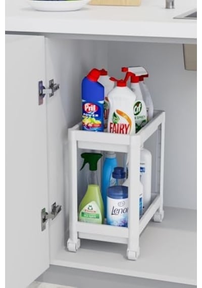 2 Katlı Tekerlekli Düzenleyici Raf Mutfak Tezgah & Evye Altı Dolap İçi Organizer, Banyo Deterjanlık Ve Şampuanlık, Çok Amaçlı Taşınabilir Sebzelik, Modern Dekoratif Mutfak Raf Ünitesi Beyaz