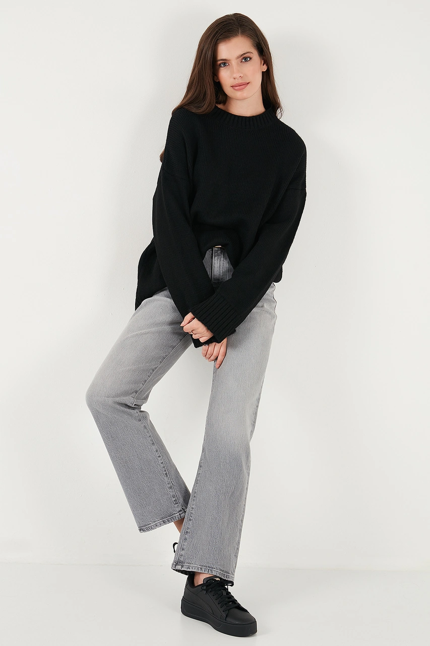 Lela Regular Fit Bisiklet Yaka Basic 2'Li Paket Triko Bayan Kazak 4616213S2 Haki-Siyah