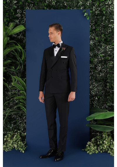 Efor Black 071slim Fit Çıkarılabilir Saten Yaka Kruvaze Siyah Damatlık Smokin Takım Siyah