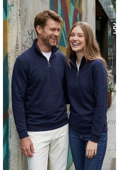 Tudors Unisex Relax Fit Rahat Kesim Pamuklu İçi Polarlı Yarım Fermuarlı Lacivert Dik Yaka Sweatshirt-32669 Lacivert