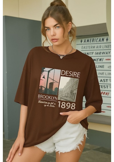 Brooklyn Baskılı Unisex Tişört Kahverengi