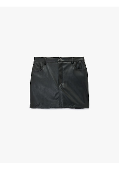 Koton Suni Deri Slim Fit Cep Detaylı Mini Şort Etek Siyah 6wal70056ıw Siyah