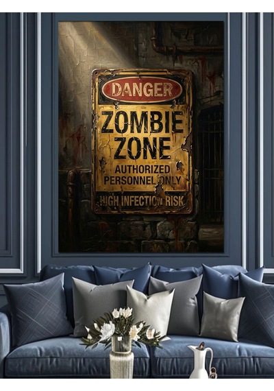 Retro Zombie Zone Uyarı Levhası Dekoratif Kanvas - Mdf Ahşap Tablo