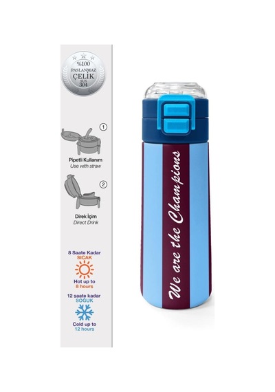 Coral High Kids Bordo Mavi Taraftar Desenli Pipetli Ve Direkt İçim Çelik Termos 500 Ml 31788 Çok Renkli