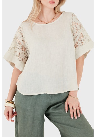 Via Dante Relaxed Fit Dantel Detaylı Keten Bluz Bayan Bluz 7222p Bej