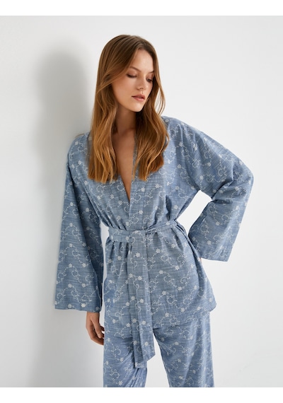 Koton Kimono Beli Kuşaklı Çiçek İşlemeli Fistolu Mavi 4sak50053pw Mavi