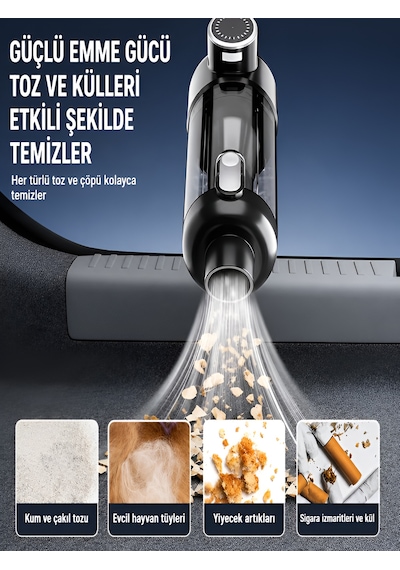 20000pa Şarjlı Araç İçi Süpürge 6000mah 120w Led Fenerli Kablosuz El Süpürgesi Dikey Vacuum Siyah