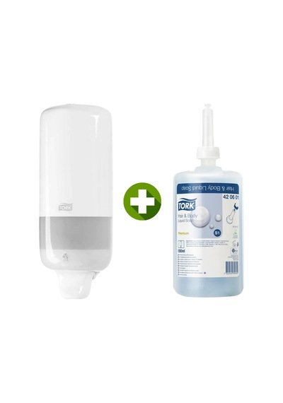 1 Ad. Tork Sıvı Sabun Dispenseri Beyaz 560000 + 1 Litre Tork Sıvı Sabun Premium Hediyeli
