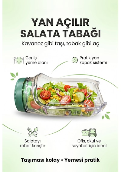 Kt610 Sızdırmaz Salata Kabı 900 Ml Sos Bölmeli Yan Açılır Taşınabilir Saklama Kabı Şeffaf