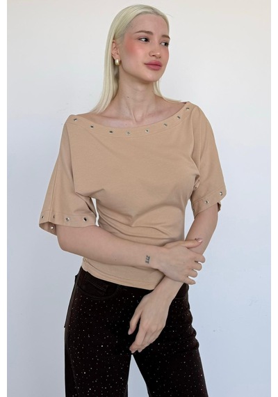 Madmext Taş Rengi Off Shoulder Metal Detaylı Kadın Bluz Mg2671 Taş Rengi