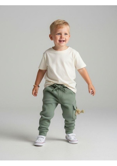 Zekids Erkek Çocuk Beli Lastikli Dokulu Kargo Pantolon-15728 Yeşil