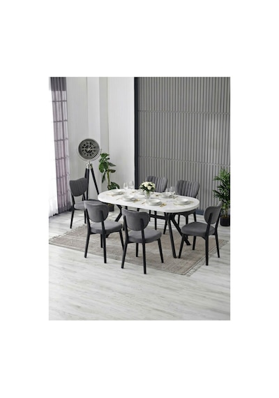 Nova Mdf Yemek Masası Takımı 6 Adet Elma Sandalye/ 90x180 Cm Yemek Masası Antrasit Antrasit