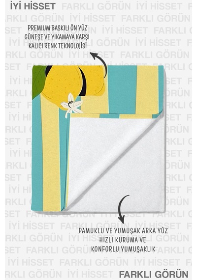 Çizgili Limon La Dolce Vita Temalı Mikrofiber Plaj Havlusu - Akdeniz Sarı Turkuaz Banyo Sahil Örtüsü Mat Porselen
