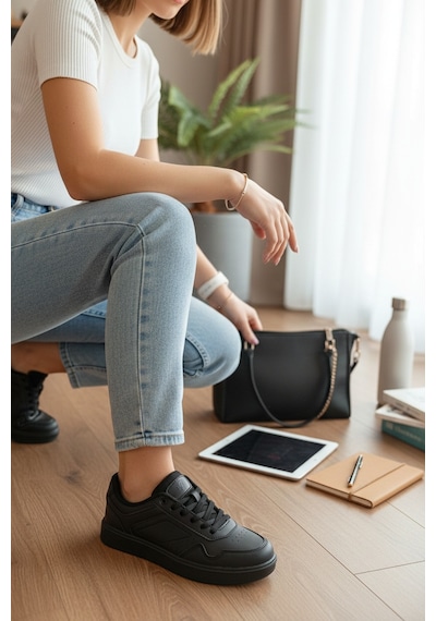 Enoch Unisex Siyah Suni Deri Spor Ayakkabı Beyaz Düz Tabanlı Ve Perfore Detaylı Günlük Casual Sneaker Siyah Enoch Unisex Siyah Suni Deri Spor Ayakkabı Beyaz Düz Tabanlı Ve Perfore Detaylı Günlük Casual Sneaker Siyah
