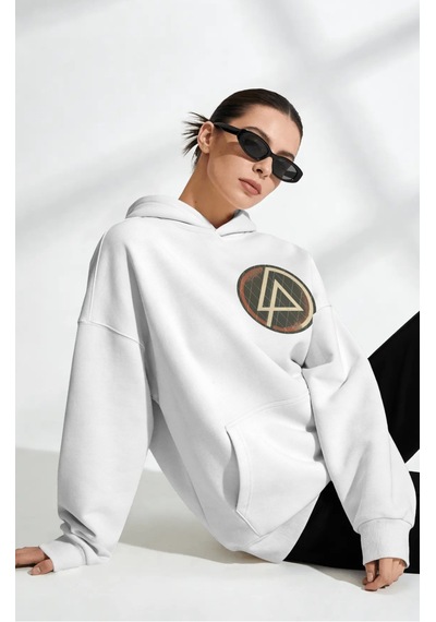 Sevbano Linkin Park Müzik Grubu Sırt Baskılı Unisex Oversize Penye Hoodie beyaz