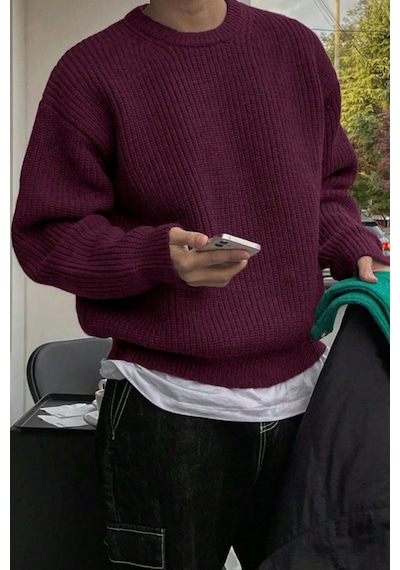 Erkek Bordo Regular Fit Bisiklet Yaka Örgülü Triko Bordo