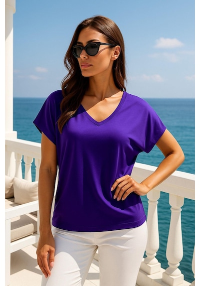 Kadın Mor Viskon Ön Arka V Yakalı T-shirt Yarasa Kol Relaxed Bluz Çok Renkli
