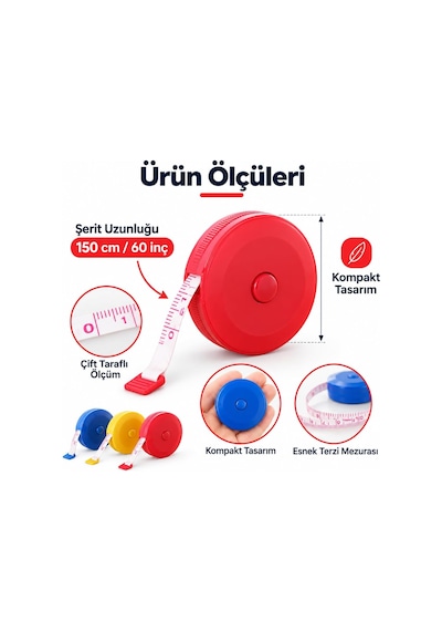 Lexroo Otomatik Mezura 150 Cm / 60 İnç, Çift Taraflı Esnek Şerit Metre - Asorti Renk Diğer