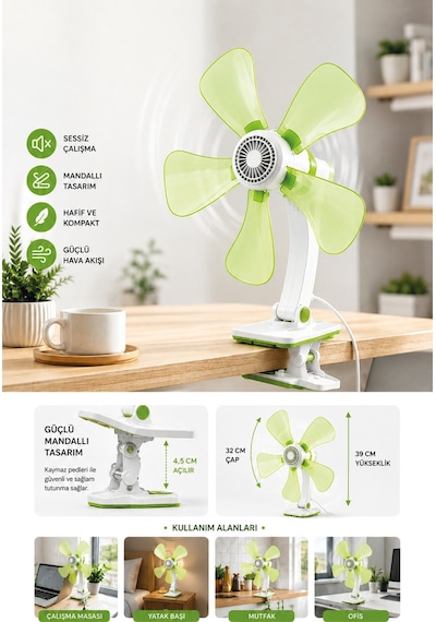 Waldern Taşınabilir, Sessiz Akrobat - Klipsli Fan - Masa Üstü Yeşil Vantilatör - 32 Cm & 180 Eğim