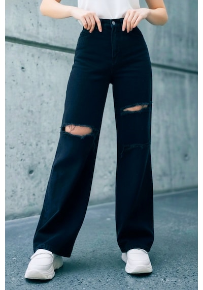Woddi Bella Siyah Salaş Dizi Yırtık Rahat Kesim Palazzo Jeans Kot Pantolon