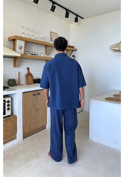Flaw Basic Oversize Kısa Kol Keten Gömlek Lacivert-26085 Lacivert