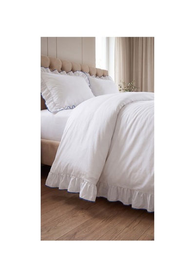 %100 Pamuk Overloklu Fırfırlı Çift Kişilik Nevresim Takımı Lastikli Çarşaflı 200x220 Cm Mavi - 904804703 Mavi