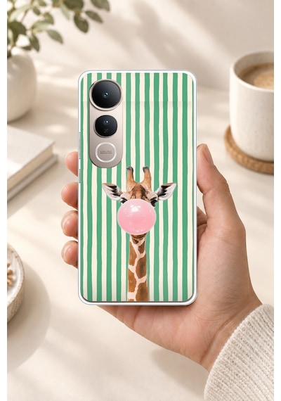 Vivo V50 Lite Uyumlu Yeşil Çizgili Sakız Şişiren Zürafa Baskılı Silikon Kılıf
