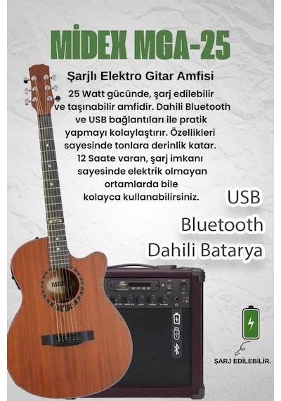 Midex Phx Pro-amp Amfili Yüksek Kaliteli Masif Elektro Akustik Gitar Seti 1 Adet