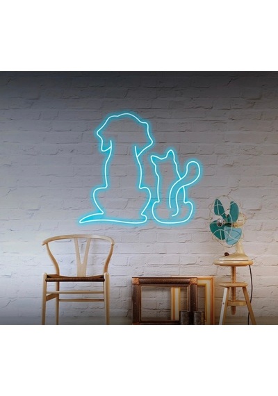 Kedi Ve Köpek Figürlü Neon Tabela Turkuaz