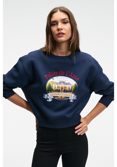 ETHIQUET TAL ERA Kadın Önü Baskılı Yuvarlak Yaka Lacivert Sweatshirt