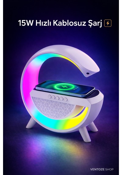 Kablosuz Işıklı Hoparlörlü Şarj Standı Gece Lambası Kablosuz Şarj Ve Bluetooth Hoparlör Bir Arada
