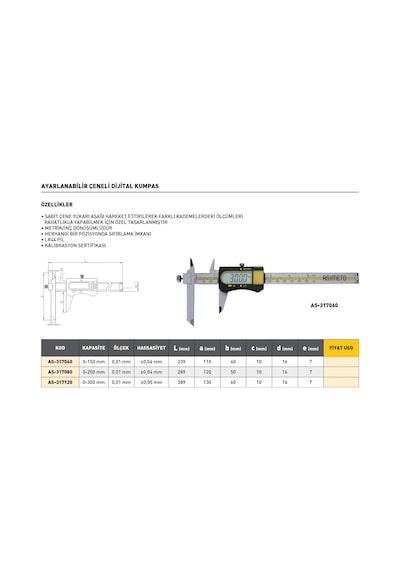 Fett 0-150mm Asimeto Ayarlanabilir Çeneli Dijital Kumpas As-317060