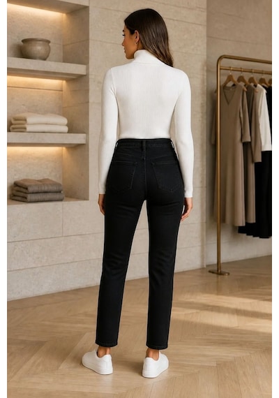 Woddi Çınar Kadın Siyah Mom Likralı Jean Kot Pantolon New-2