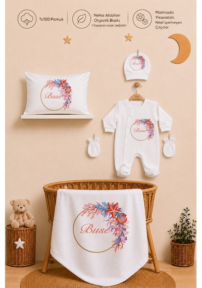 Pia Baby Kız Bebek Hastane Çıkışı 11 Parça %100 Pamuk Kişiye Özel İsimli Organik Baskılı Set 1037110x Ekru