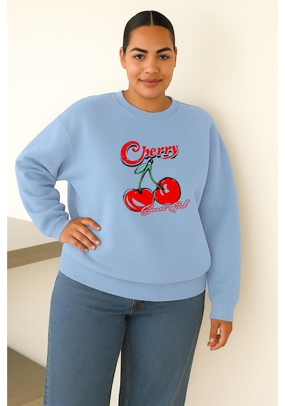 Benroma 3 İplik Penye Cherry Kiraz Baskılı Büyük Beden Unisex Sweatshırt Bebe Mavisi