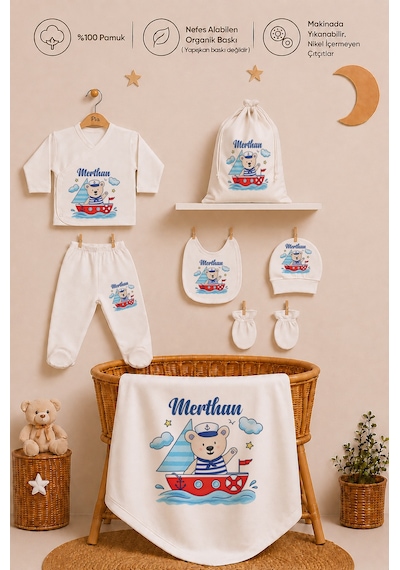 Pia Baby Erkek Bebek İsimli Hastane Çıkışı 8 Parça Zıbın Seti %100 Pamuk Battaniye Yastık Kılıfı Keseli 1087zybk3x Ekru