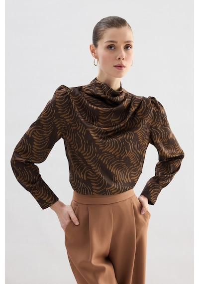 Sateen Drape Detaylı Desenli Bluz - Kahve-136744 kahve