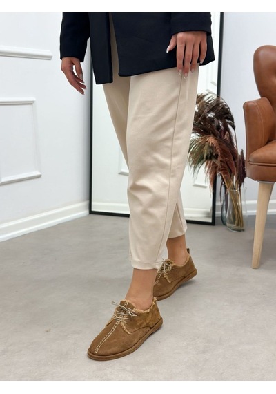 Erva'nın Butiği Camel Hakiki Deri Sorry İçi Peluş Bağcıklı Kadın Ayakkabı-6392