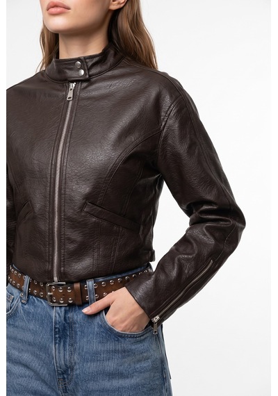 Mixray 2217 Kadın Dik Yaka Fermuarlı Deri Biker Ceket Kahve