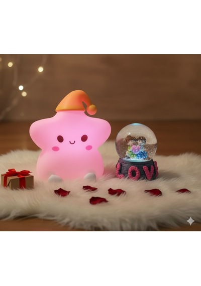 2 Li Sevgiliye Romantik Hediye Seti Slikon Yıldız Renkli Led Gece Lambası Ve 9cm Love Kar Küresi Set Set