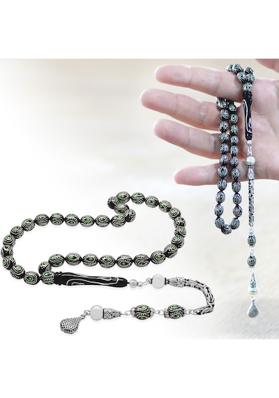 925 Ayar Gümüş Kral Zincir Püsküllü Gümüş-mine İşlemeli Arpa Kesim Erzurum Oltu Taşı Tesbih Siyah - Yeşil